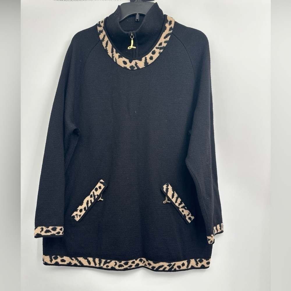 Laurel Pure New Wool Sweater Black With Animal Print Sz 42 Excellent!